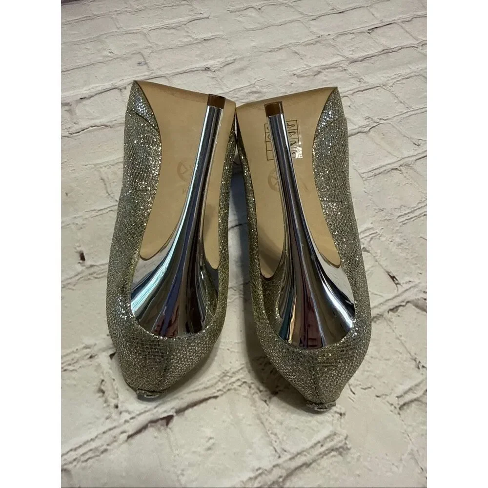 Michael Kors Size 8.5 York Platform Peep Toe Heels Silver Glitter Metallic Glam